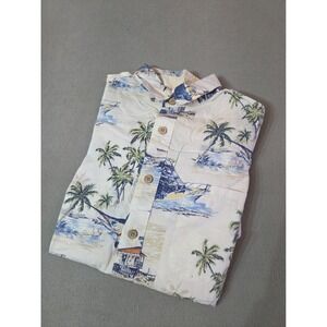 Reel Legends Fishing Shirt Mens L Marlin Palm Tree Hawaiian Button-Front Blue